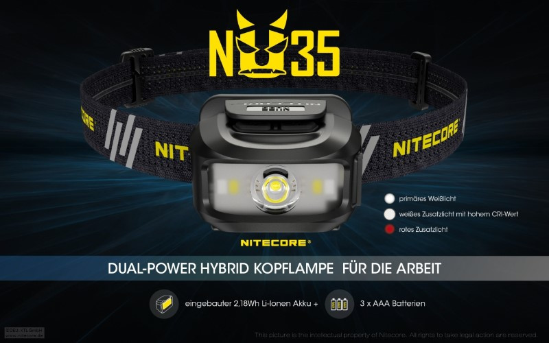 Nitecore LED Stirnlampe Dual Power NU35 Kopflampe mit 460 Lumen Wasserdicht